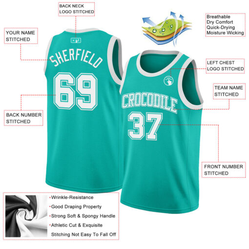 Custom Aqua Basketball White Jersey, Custom Basketball Uniforms