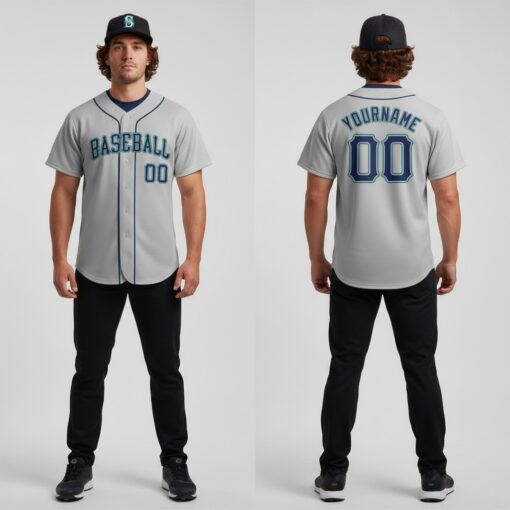 Custom Aqua Gray Baseball Navy Jersey, Customized Baseball Uniforms