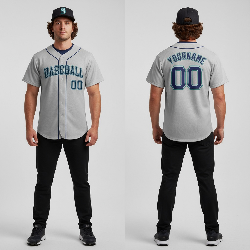 Custom Aqua Gray Baseball Navy Jersey, Customized Baseball Uniforms
