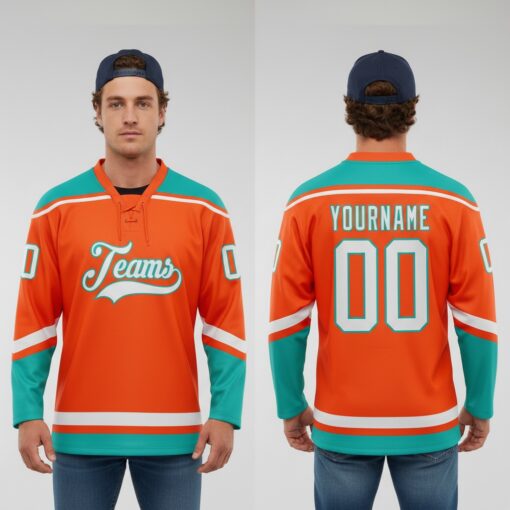 Custom Aqua Orange Hockey White Jersey, Custom Team Hockey Jerseys