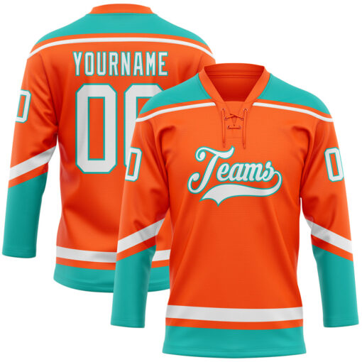 Custom Aqua Orange Hockey White Jersey, Custom Team Hockey Jerseys