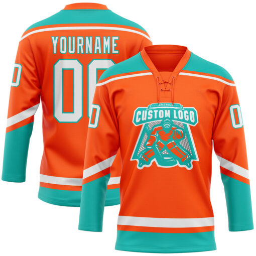 Custom Aqua Orange Hockey White Jersey, Custom Team Hockey Jerseys