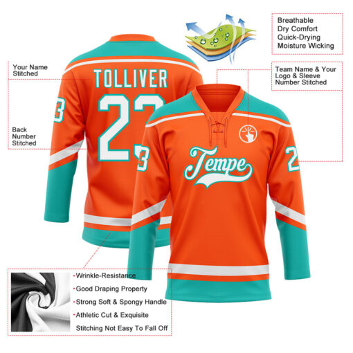 Custom Aqua Orange Hockey White Jersey, Custom Team Hockey Jerseys