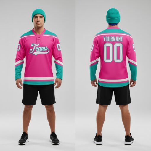 Custom Aqua Pink Hockey White Jersey, Custom Hockey Team Uniforms