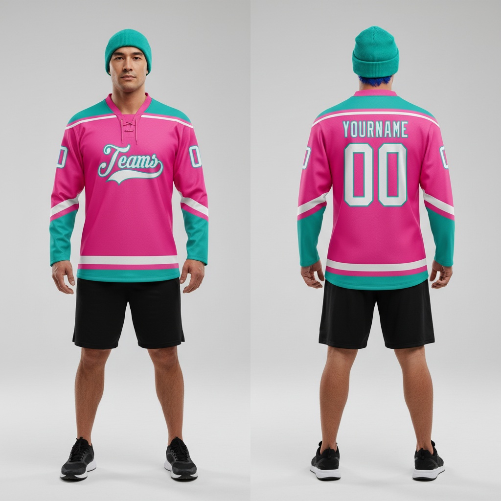 Custom Aqua Pink Hockey White Jersey, Custom Hockey Team Uniforms