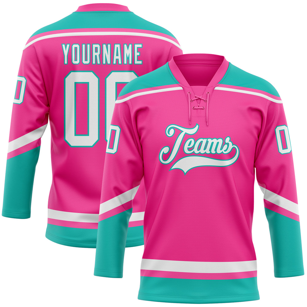 Custom Aqua Pink Hockey White Jersey, Custom Hockey Team Uniforms