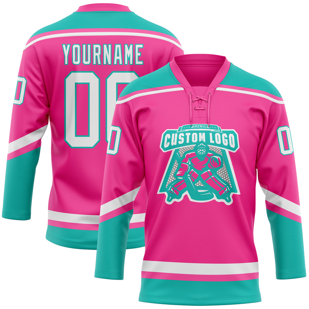Custom Aqua Pink Hockey White Jersey, Custom Hockey Team Uniforms
