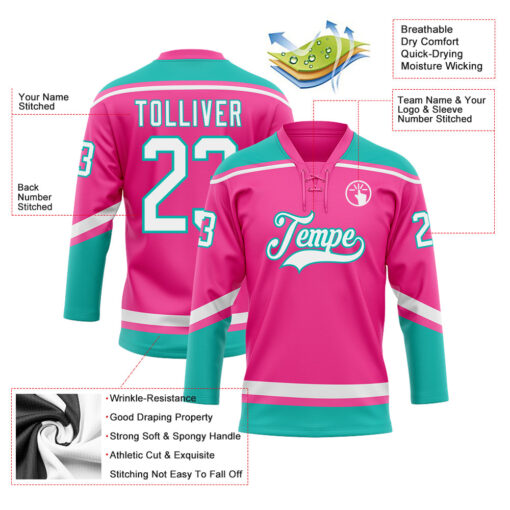Custom Aqua Pink Hockey White Jersey, Custom Hockey Team Uniforms