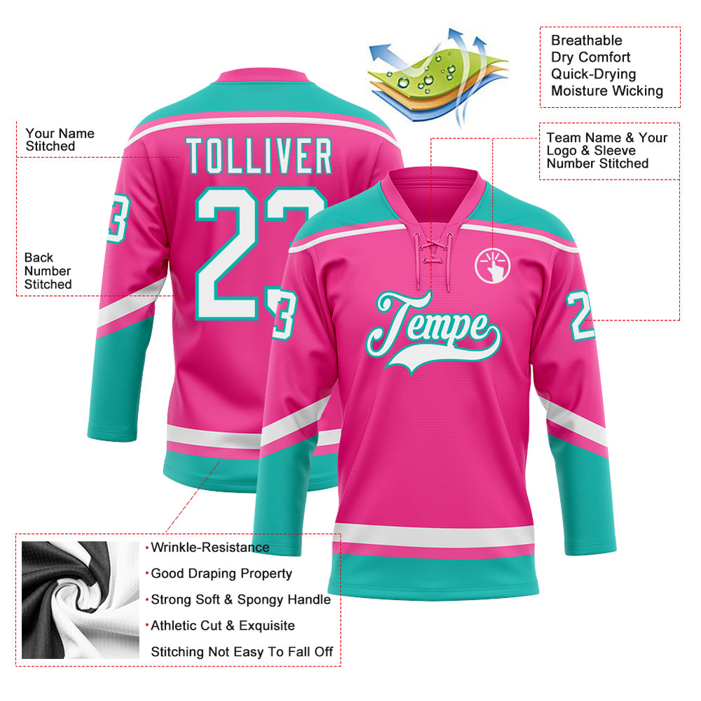 Custom Aqua Pink Hockey White Jersey, Custom Hockey Team Uniforms