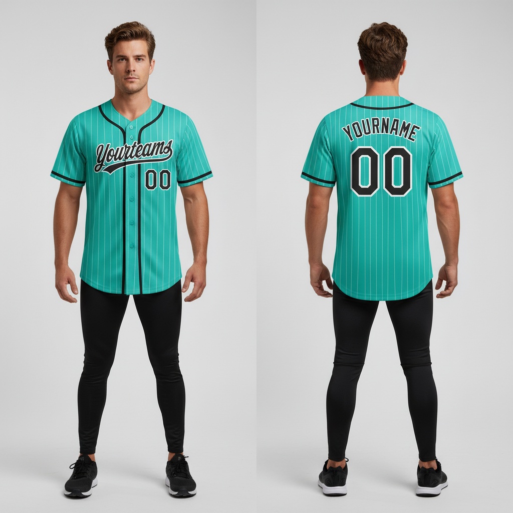Custom Aqua Pinstripe Baseball Black Jersey, Personalized Baseball Jerseys