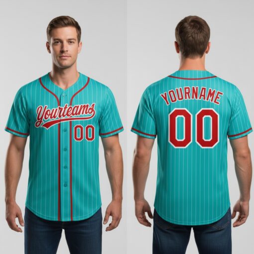 Custom Aqua Pinstripe Baseball Red Jersey, Personalized Baseball Jersey
