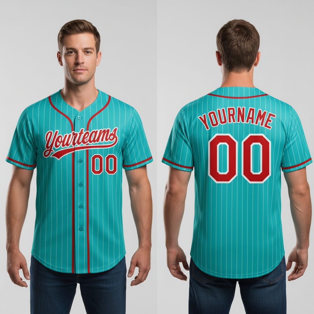 Custom Aqua Pinstripe Baseball Red Jersey, Personalized Baseball Jersey