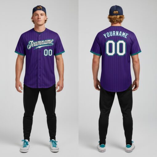 Custom Aqua Purple Pinstripe Baseball White Jersey, Custom Vintage Baseball Uniforms