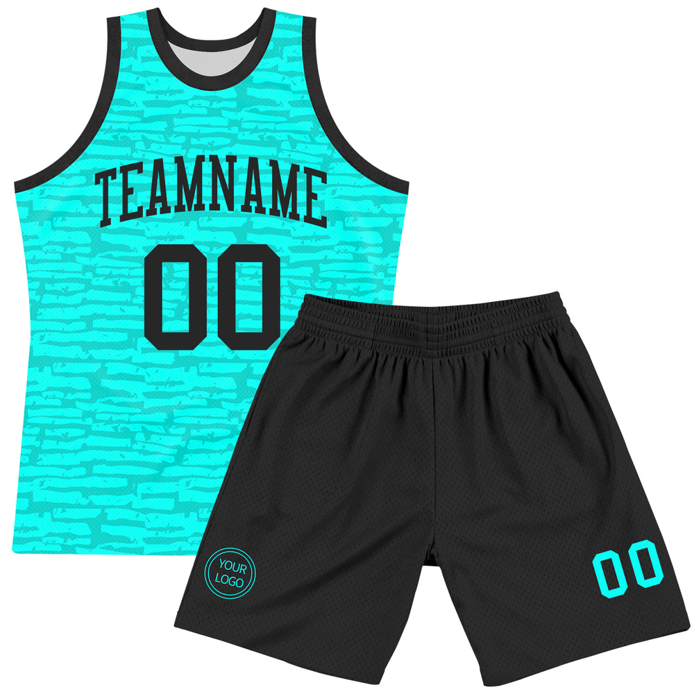 Custom Aqua Uniform 3d Pattern Basketball Black Jersey, Custom Basketball Uniform