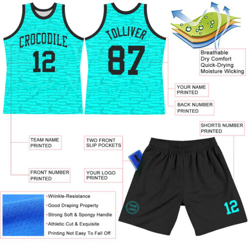 Custom Aqua Uniform 3d Pattern Basketball Black Jersey, Custom Basketball Uniform