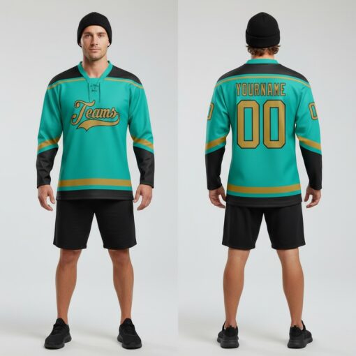 Custom Black Aqua Hockey Old Gold Jersey, Create Custom Hockey Jerseys