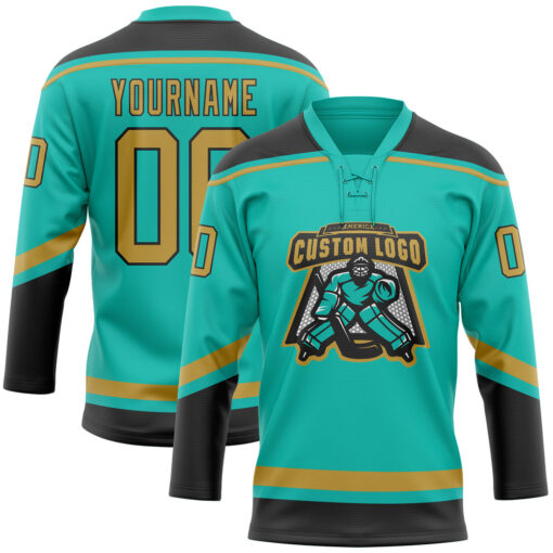 Custom Black Aqua Hockey Old Gold Jersey, Create Custom Hockey Jerseys
