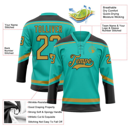 Custom Black Aqua Hockey Old Gold Jersey, Create Custom Hockey Jerseys