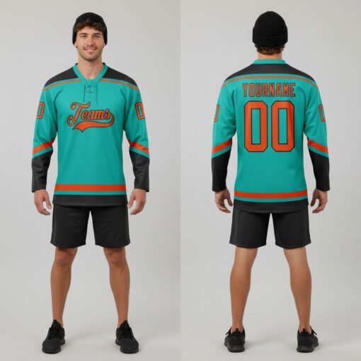 Custom Black Aqua Hockey Orange Jersey, Custom Hockey Practice Jerseys
