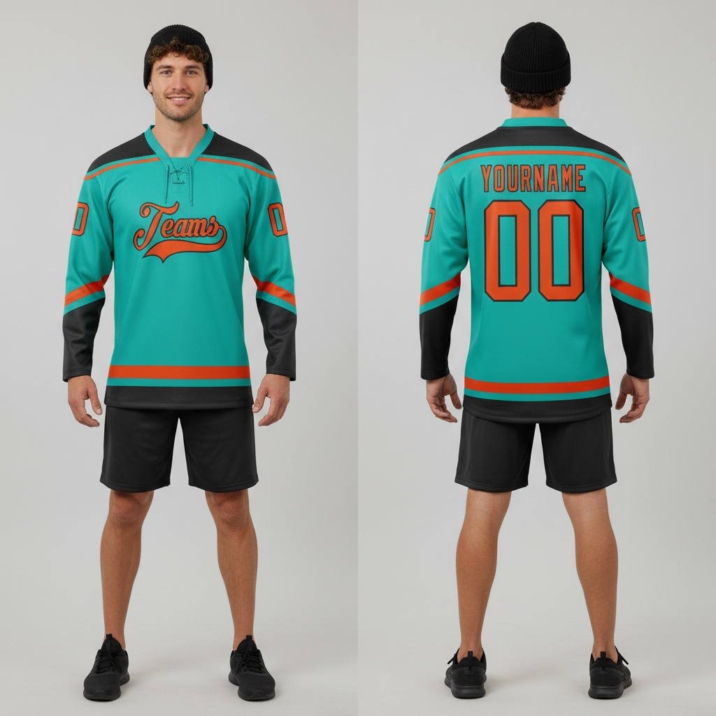 Custom Black Aqua Hockey Orange Jersey, Custom Hockey Practice Jerseys