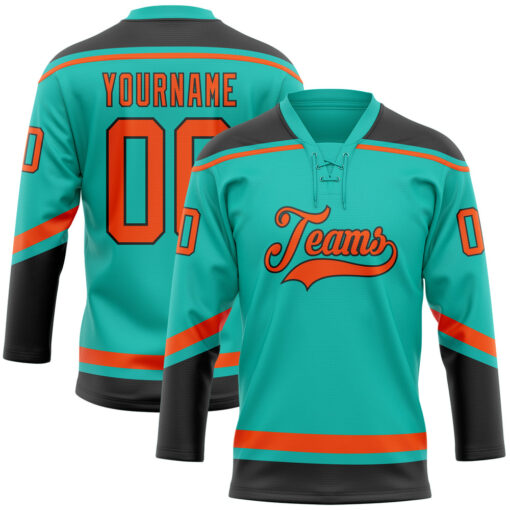 Custom Black Aqua Hockey Orange Jersey, Custom Hockey Practice Jerseys