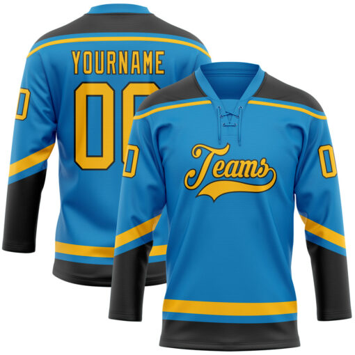 Custom Black Blue Hockey Gold Jersey, Custom Hockey Jerseys