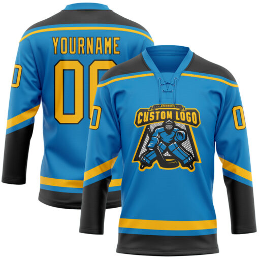 Custom Black Blue Hockey Gold Jersey, Custom Hockey Jerseys