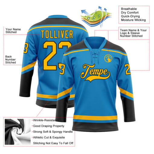 Custom Black Blue Hockey Gold Jersey, Custom Hockey Jerseys