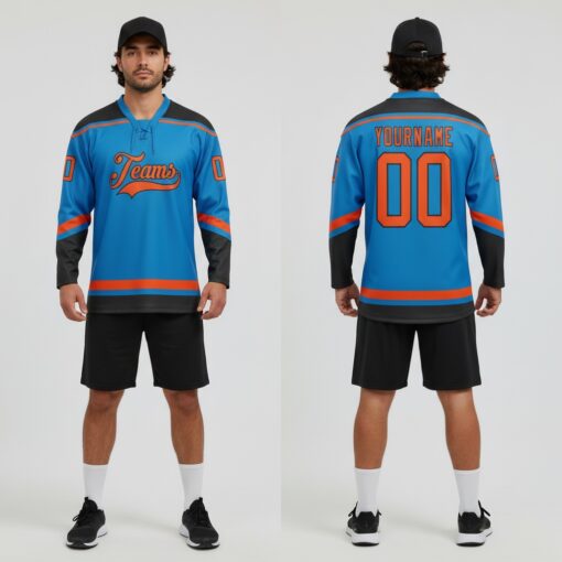 Custom Black Blue Hockey Orange Jersey, Custom Hockey Jersey