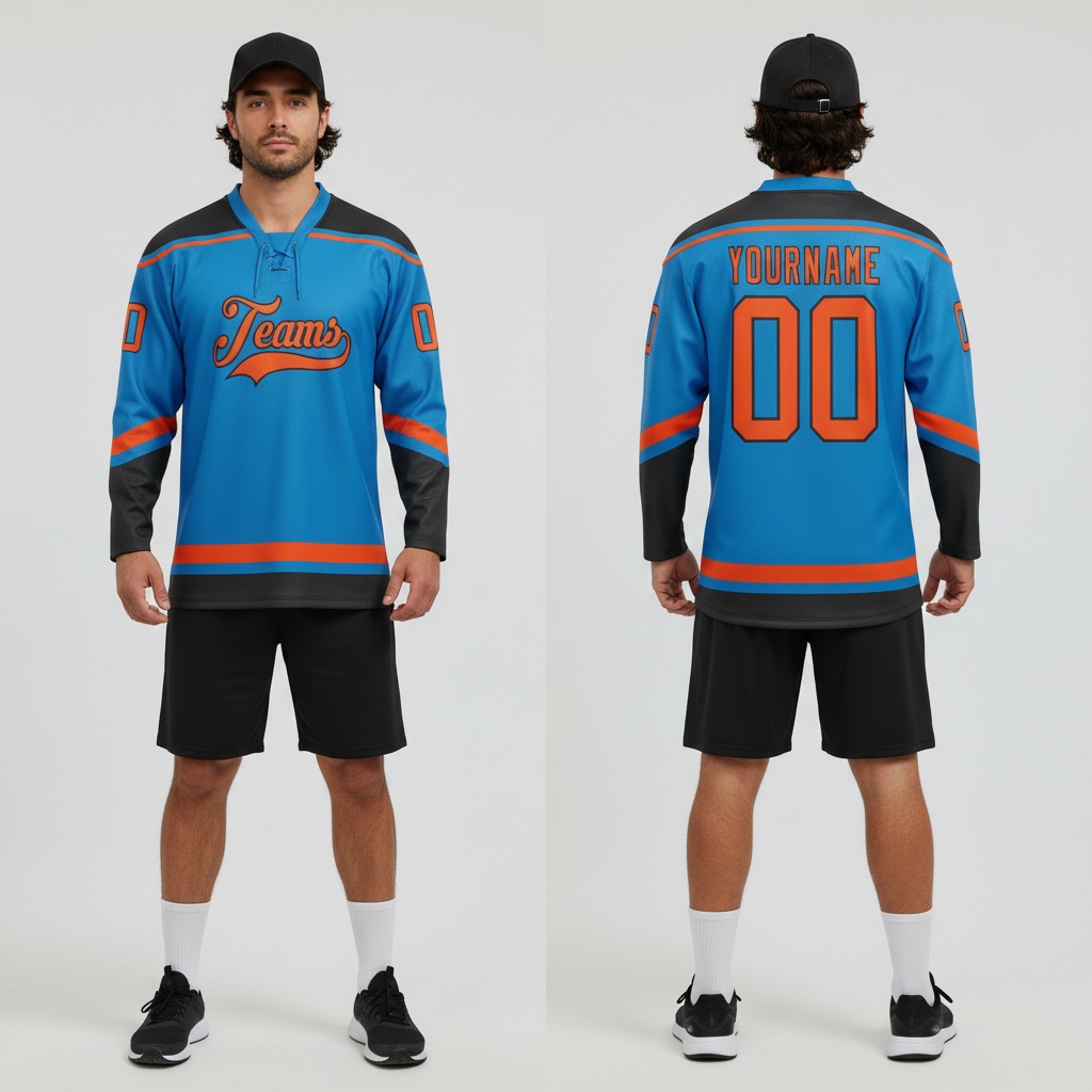 Custom Black Blue Hockey Orange Jersey, Custom Hockey Jersey
