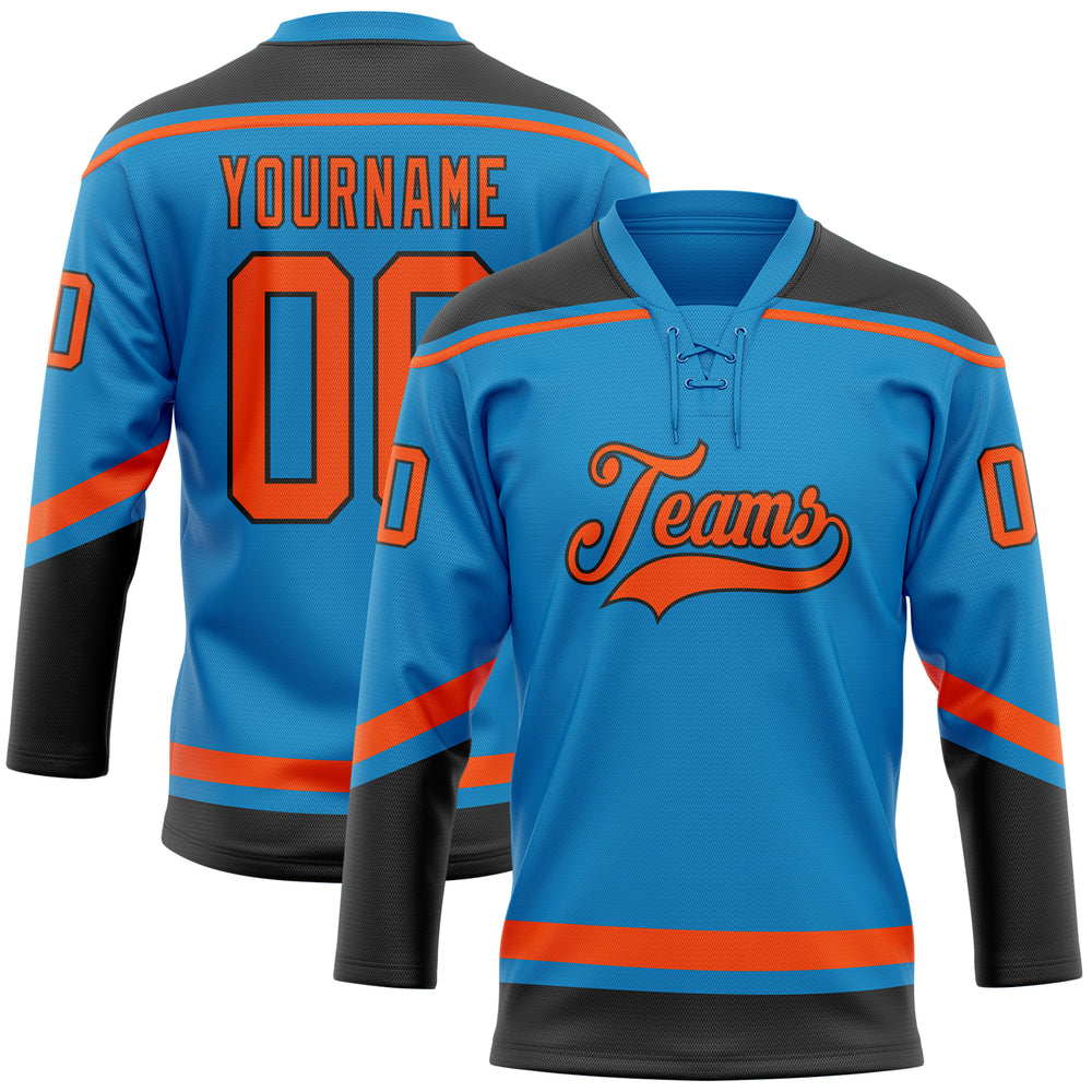 Custom Black Blue Hockey Orange Jersey, Custom Hockey Jersey
