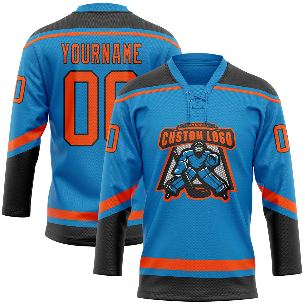 Custom Black Blue Hockey Orange Jersey, Custom Hockey Jersey