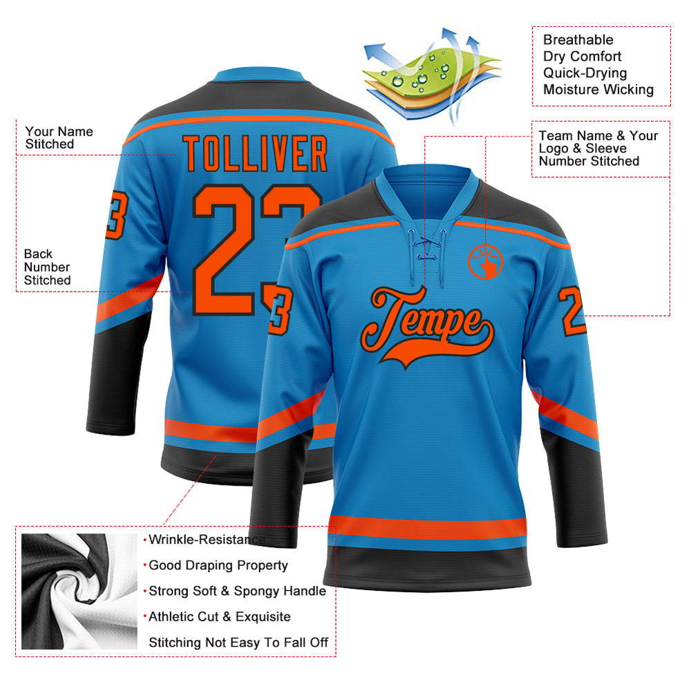 Custom Black Blue Hockey Orange Jersey, Custom Hockey Jersey