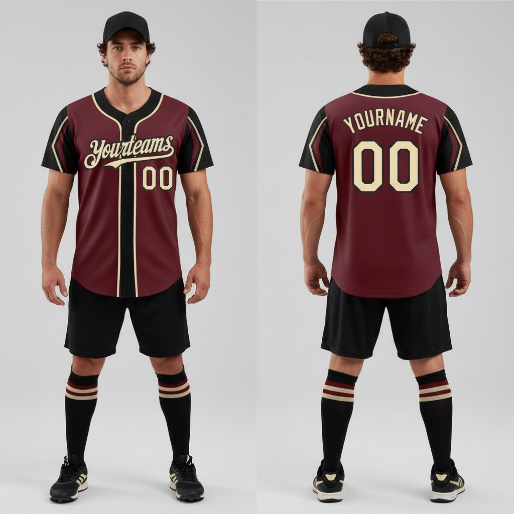 Custom Black Burgundy Baseball City Cream Jersey, Baseball Uniform Design