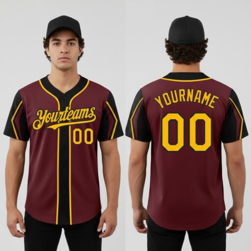 Custom Black Burgundy Baseball Gold Jersey, Design A Baseball Uniform