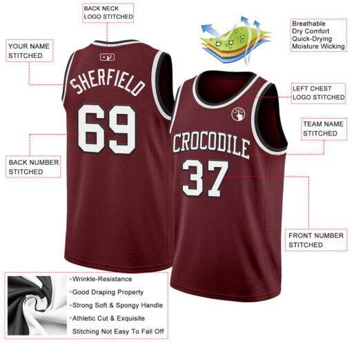 Custom Black Burgundy Basketball White Jersey, Custom Basketball Jerseys
