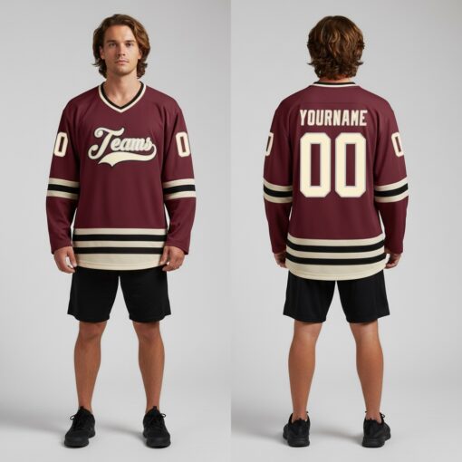 Custom Black Burgundy Hockey Cream Jersey, Custom Team Hockey Jerseys