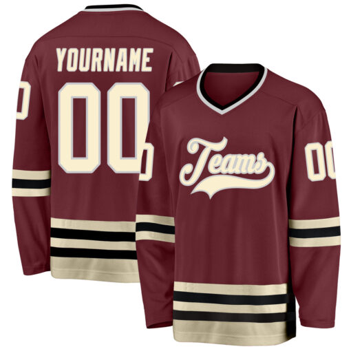 Custom Black Burgundy Hockey Cream Jersey, Custom Team Hockey Jerseys