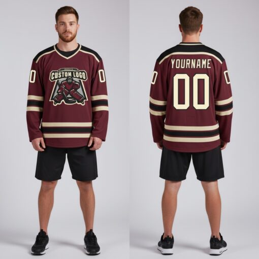 Custom Black Burgundy Hockey Cream Jersey, Customize A Hockey Jersey