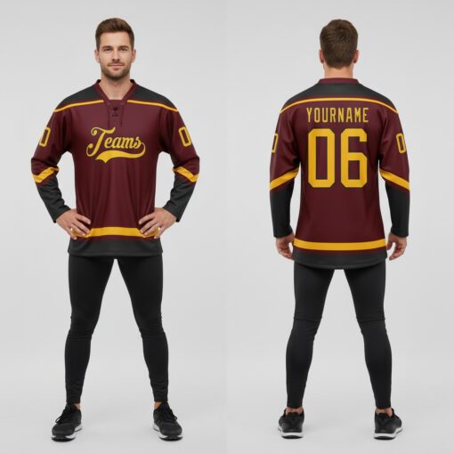 Custom Black Burgundy Hockey Gold Jersey, Best Custom Hockey Jerseys