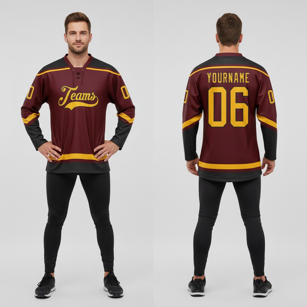 Custom Black Burgundy Hockey Gold Jersey, Best Custom Hockey Jerseys