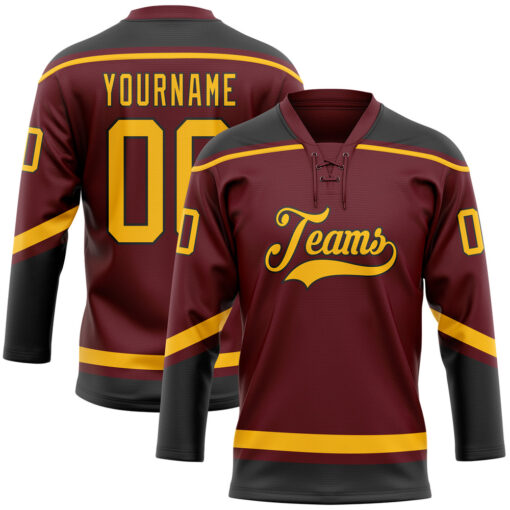 Custom Black Burgundy Hockey Gold Jersey, Best Custom Hockey Jerseys