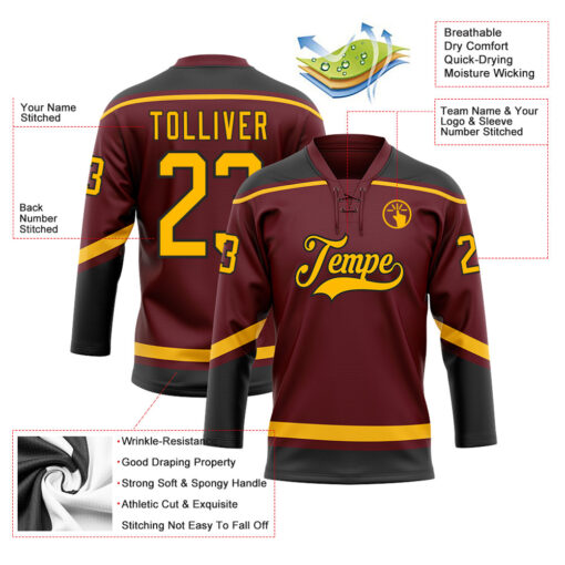 Custom Black Burgundy Hockey Gold Jersey, Best Custom Hockey Jerseys