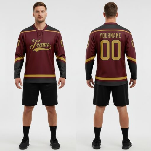 Custom Black Burgundy Hockey Old Gold Jersey, Cheap Custom Hockey Jerseys