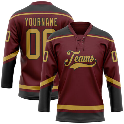Custom Black Burgundy Hockey Old Gold Jersey, Cheap Custom Hockey Jerseys