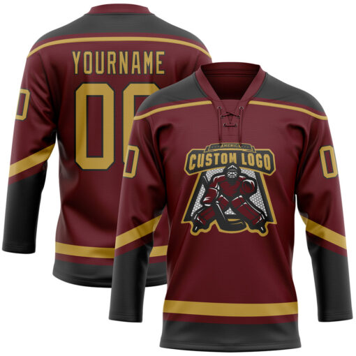 Custom Black Burgundy Hockey Old Gold Jersey, Cheap Custom Hockey Jerseys