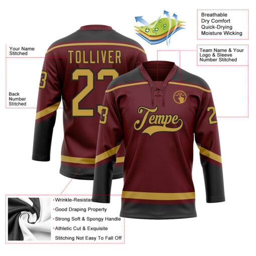 Custom Black Burgundy Hockey Old Gold Jersey, Cheap Custom Hockey Jerseys