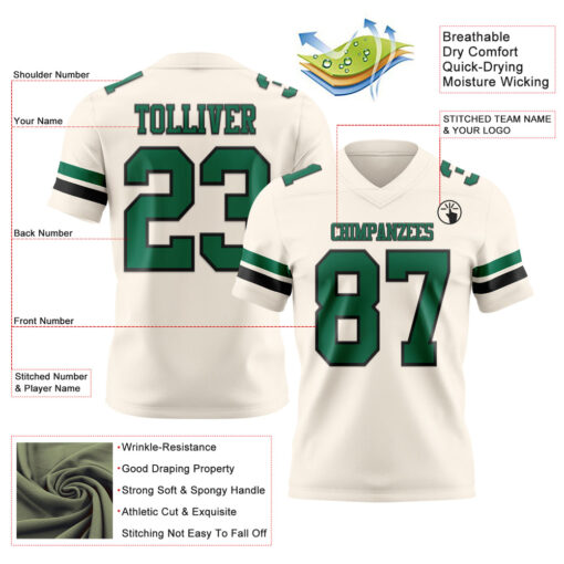 Custom Black Cream City Football Kelly Green Jersey, Custom Football Jersey Design