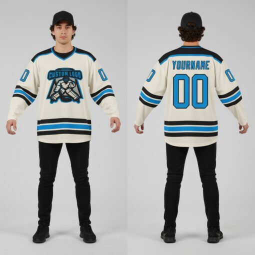 Custom Black Cream Hockey Blue Jersey, Design A Hockey Jersey