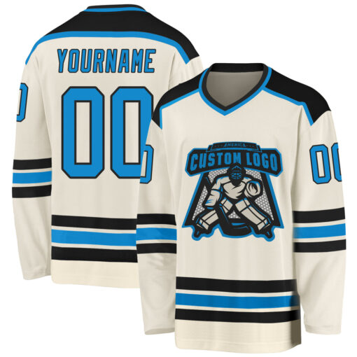 Custom Black Cream Hockey Blue Jersey, Design A Hockey Jersey